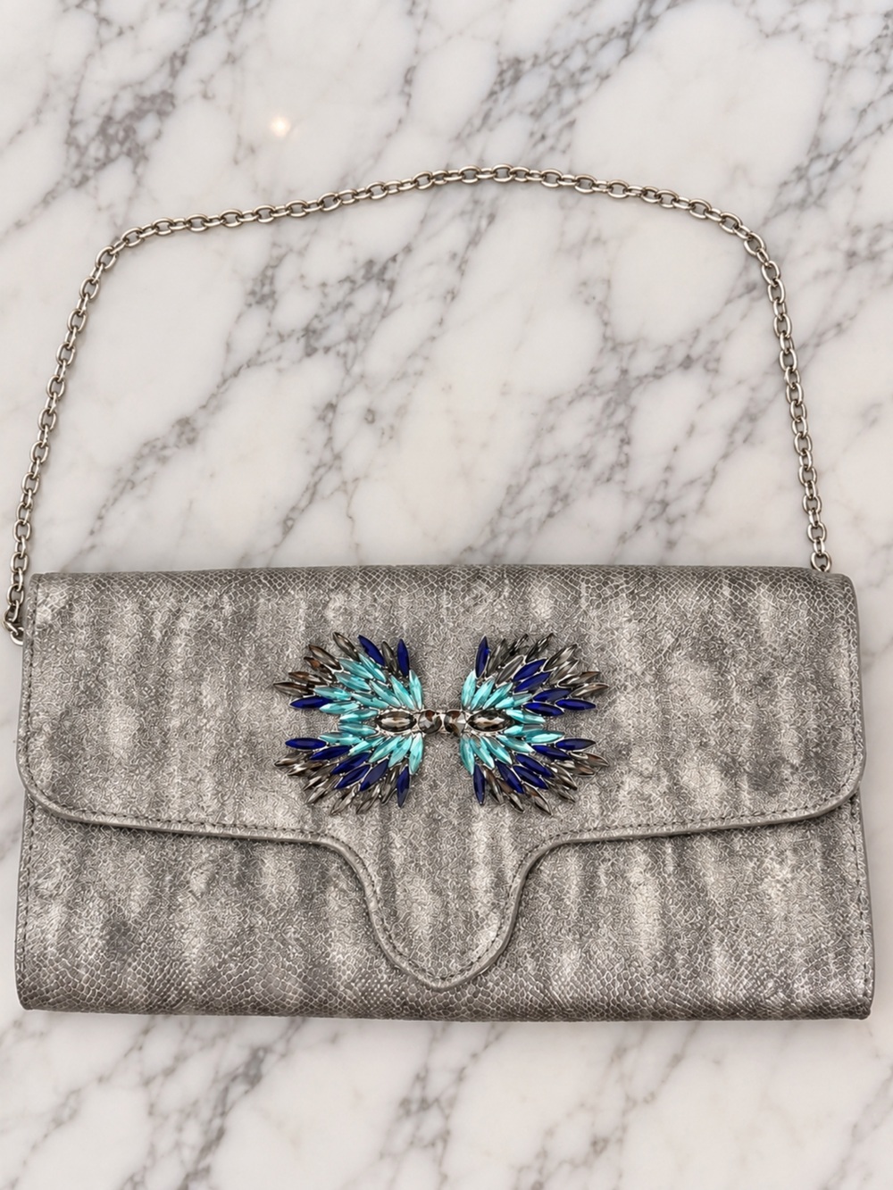 Gianni Bini Silver Metallic Clutch Blue Teal Crystal Jeweled Chain Evening Bag